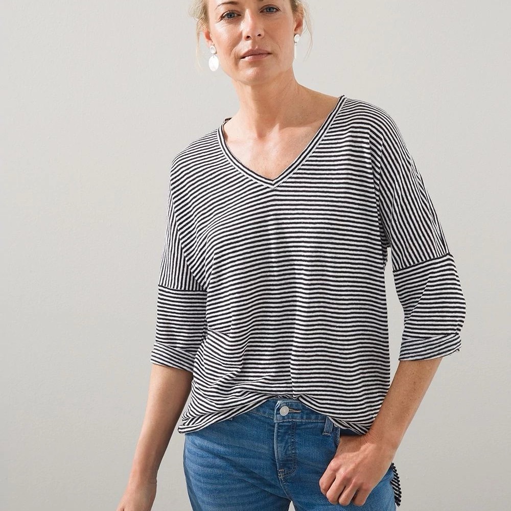 Chicos 100% Linen Pullover 3/4 Sleeve V-neck Tunic Medium 1 Black White Stripes